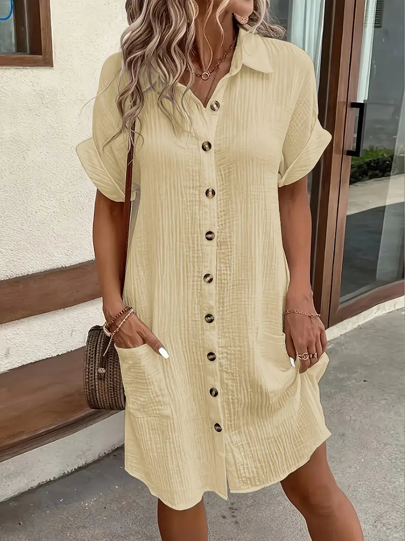 Women's Short Sleeve Button-Up Shirt Dress