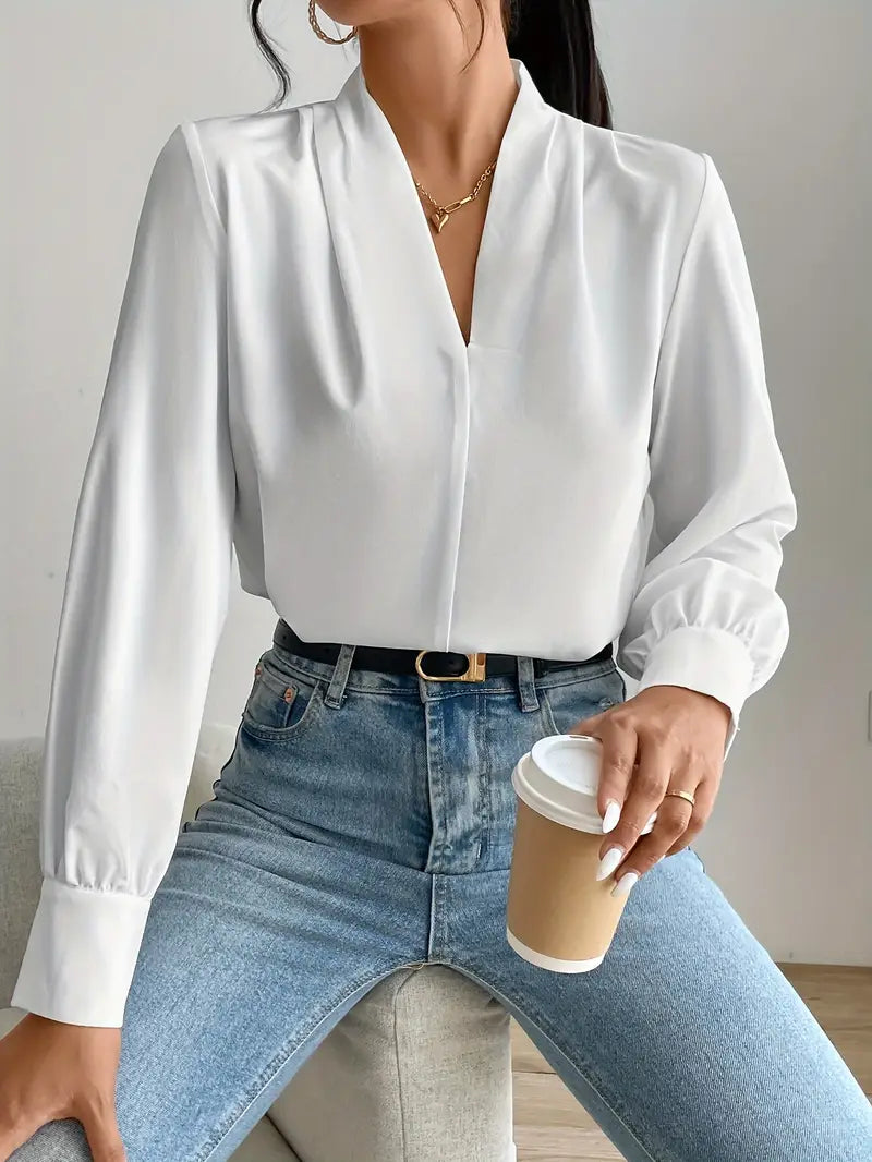 Solid Color V-Neck Long Sleeve Viscose Blouse for Spring and Autumn
