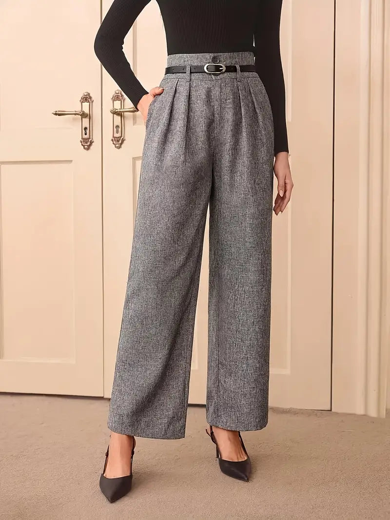 Retro-Inspired High-Waisted Gray Straight-Leg Women's Pants with Adjustable Belt