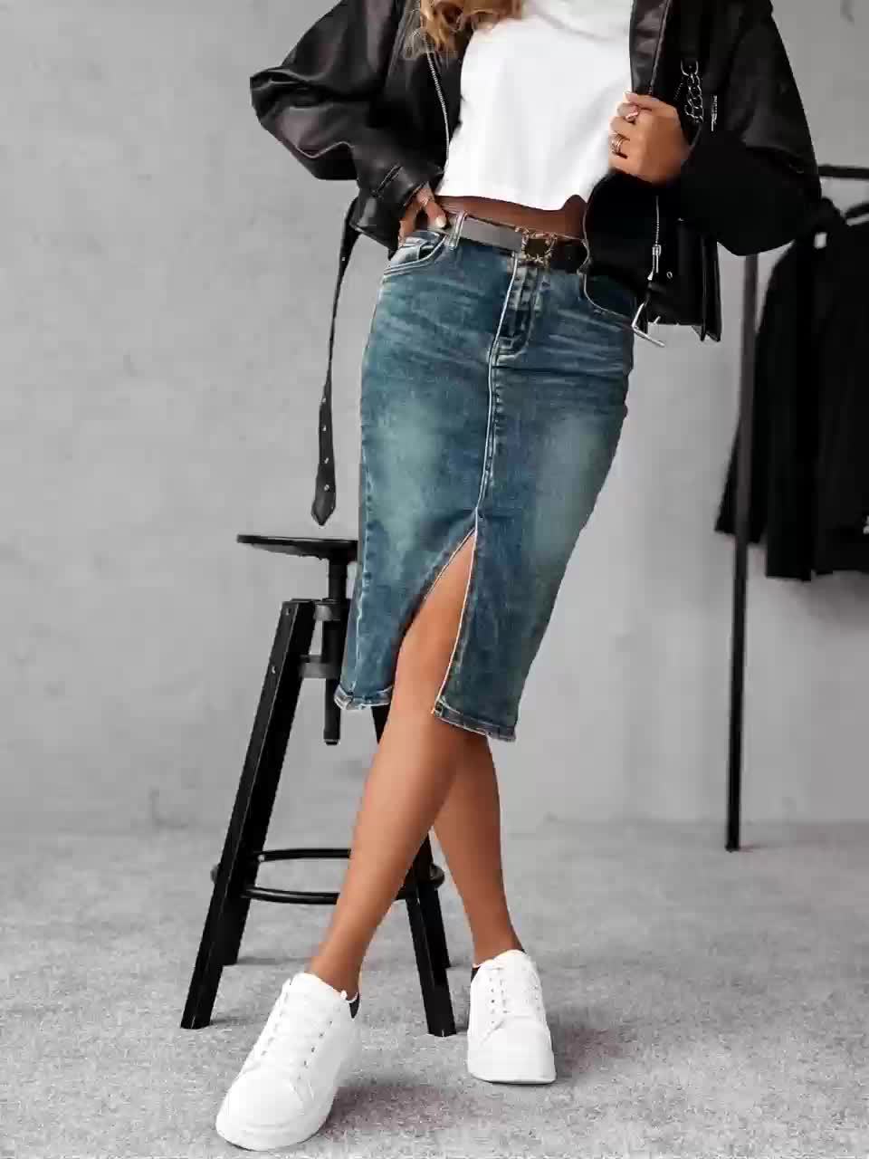 Women's High-Waist Stretch Denim Pencil Skirt