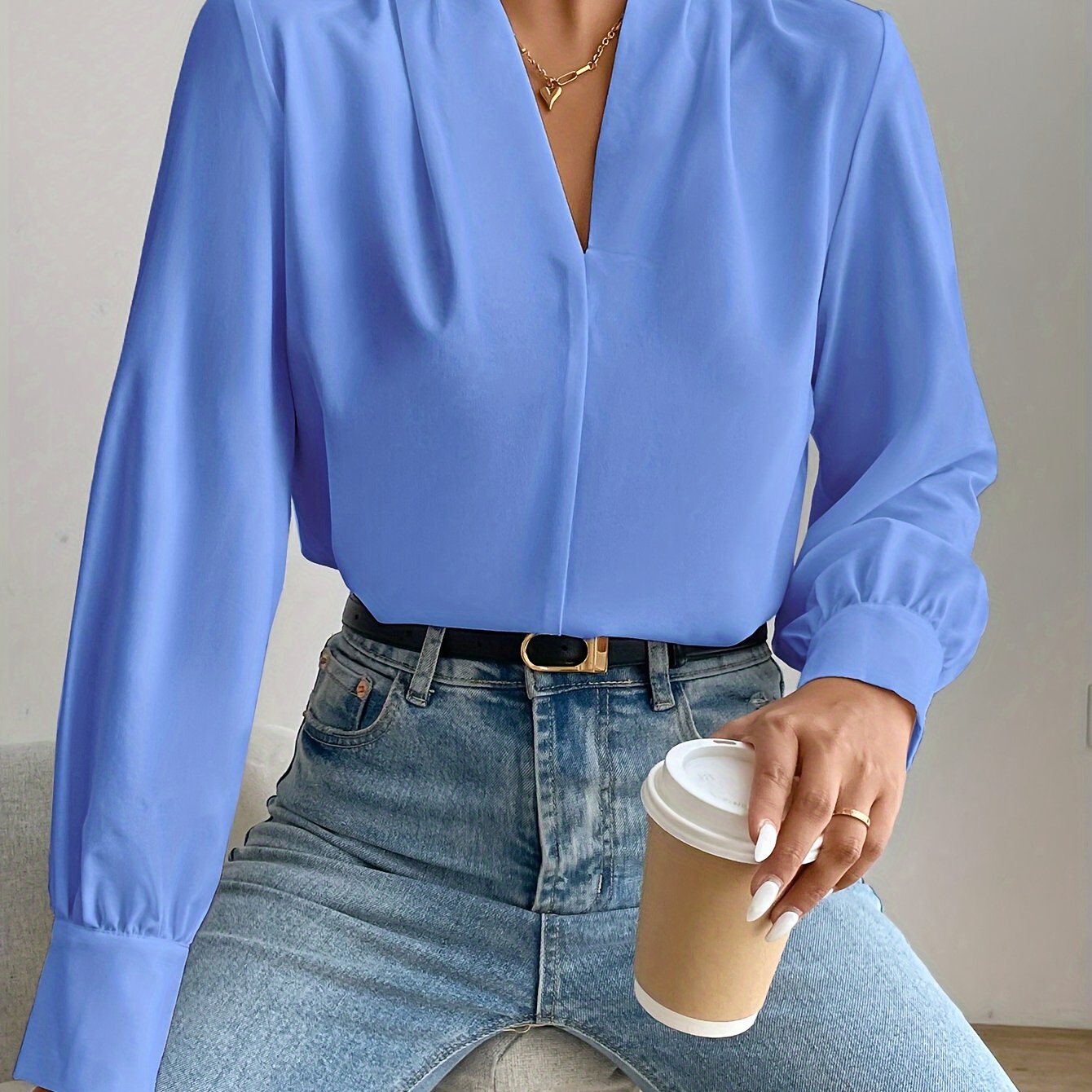 Solid Color V-Neck Long Sleeve Viscose Blouse for Spring and Autumn