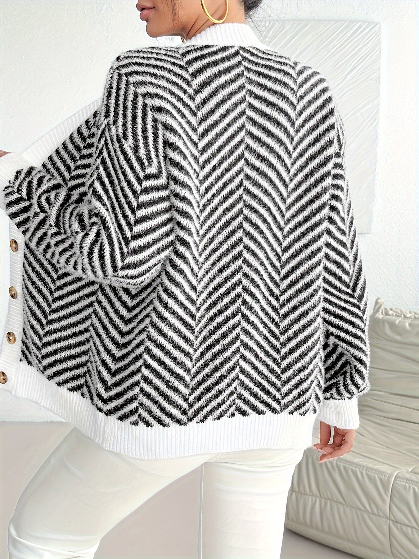 Elegant Women's Black & White Striped V-Neck Cardigan