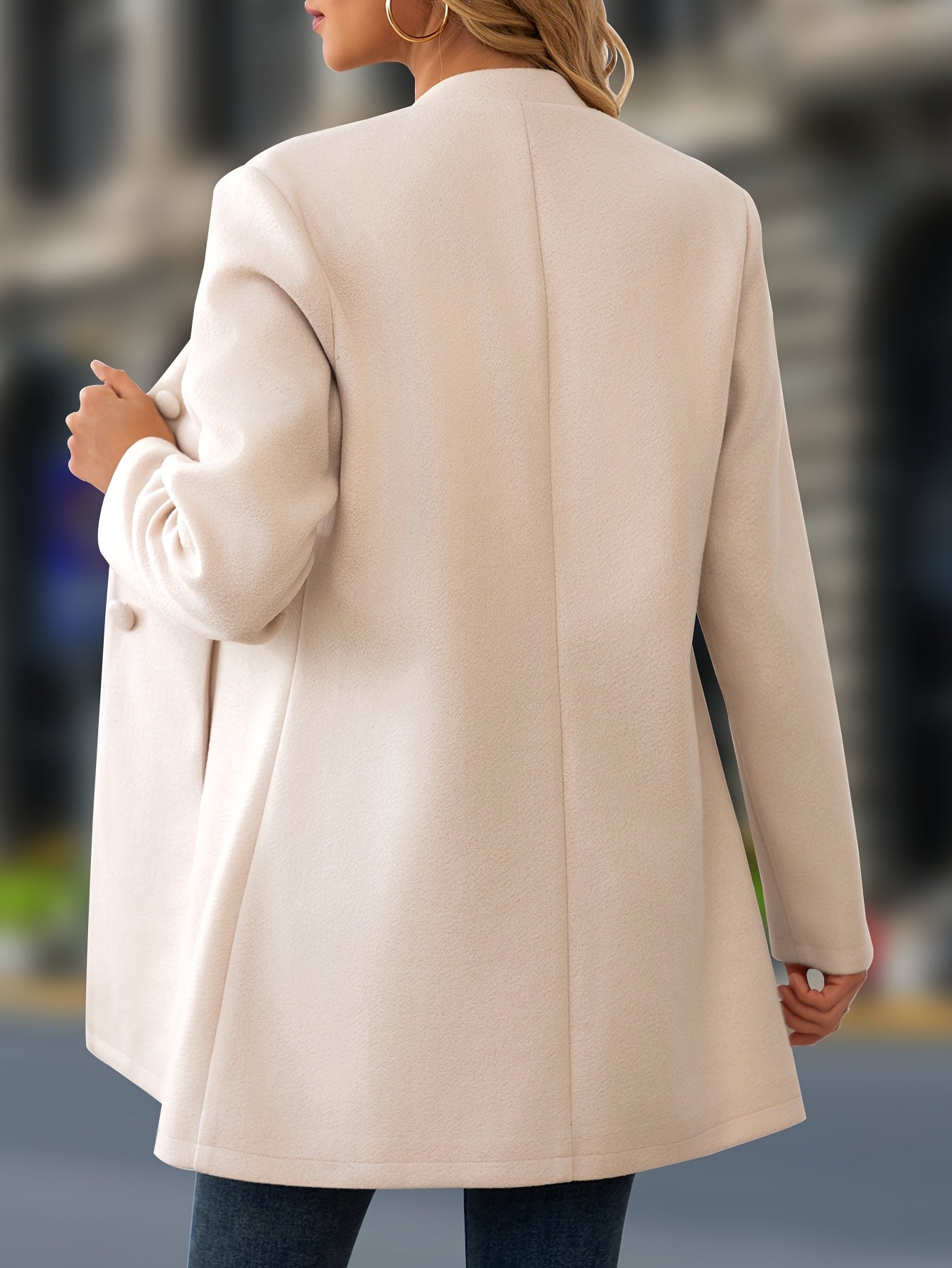 Women's Casual Mid-Length Polyester Jacket with Stand Collar and Button Details