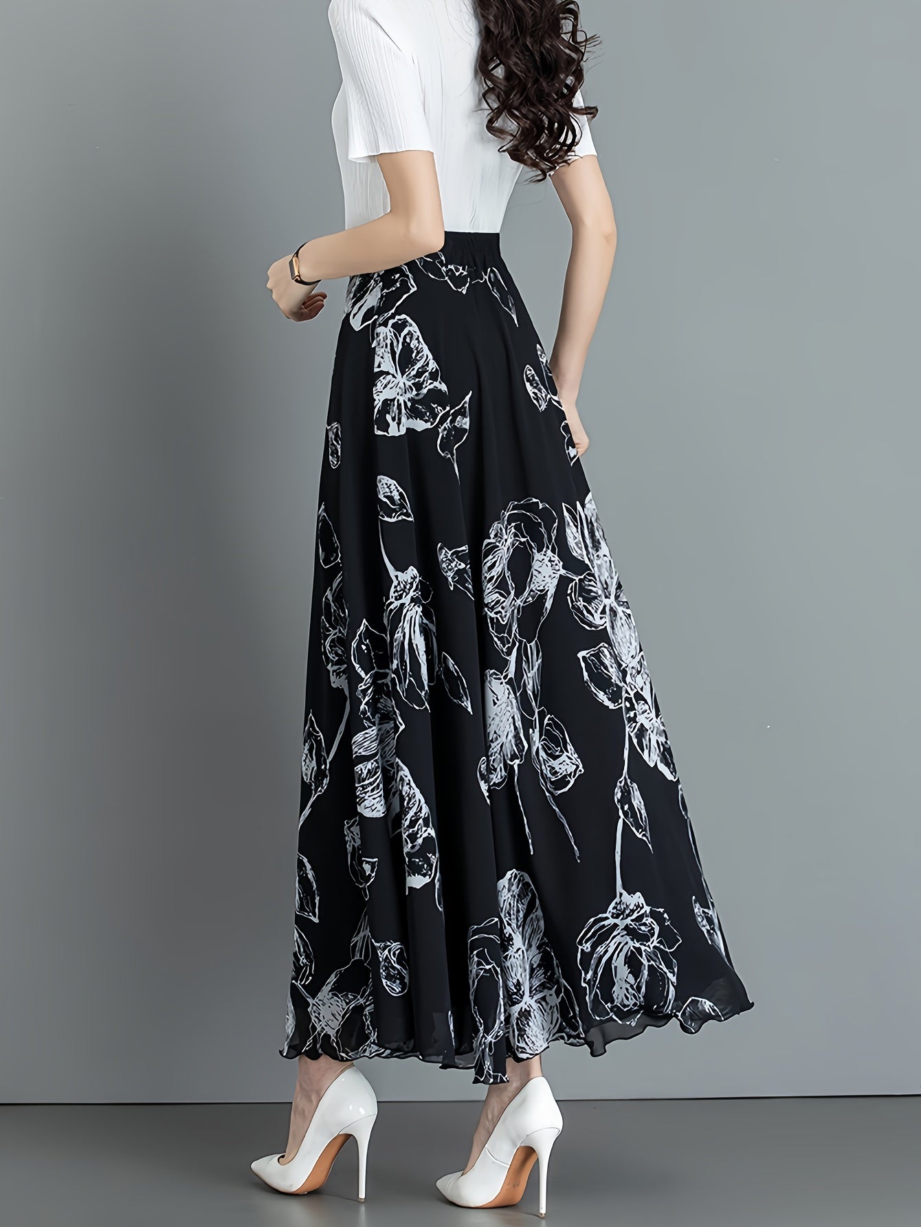 Elegant Black Floral Print Midi Skirt for Women