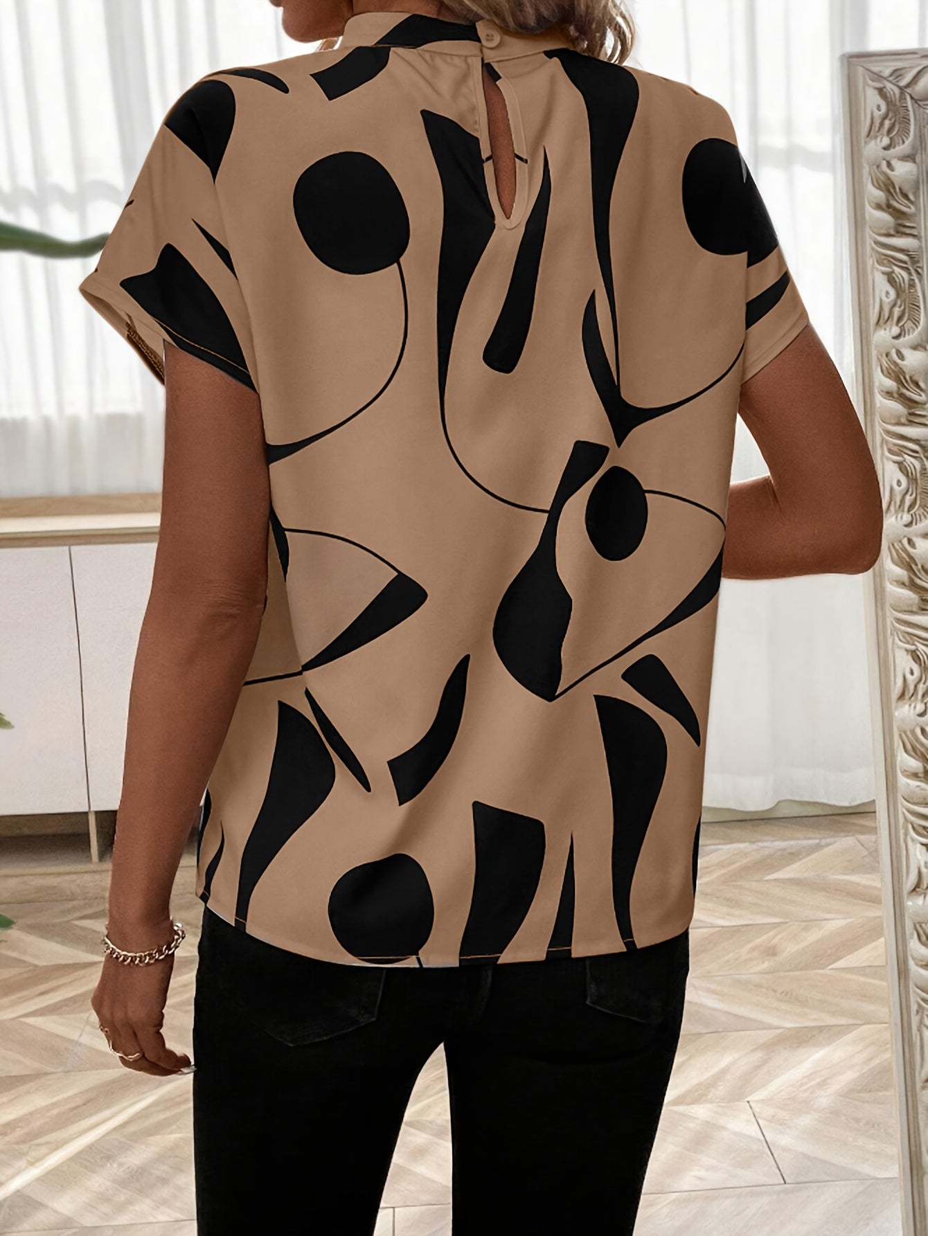 Chic High Neck Blouse with Batwing Sleeves and Geometric Print