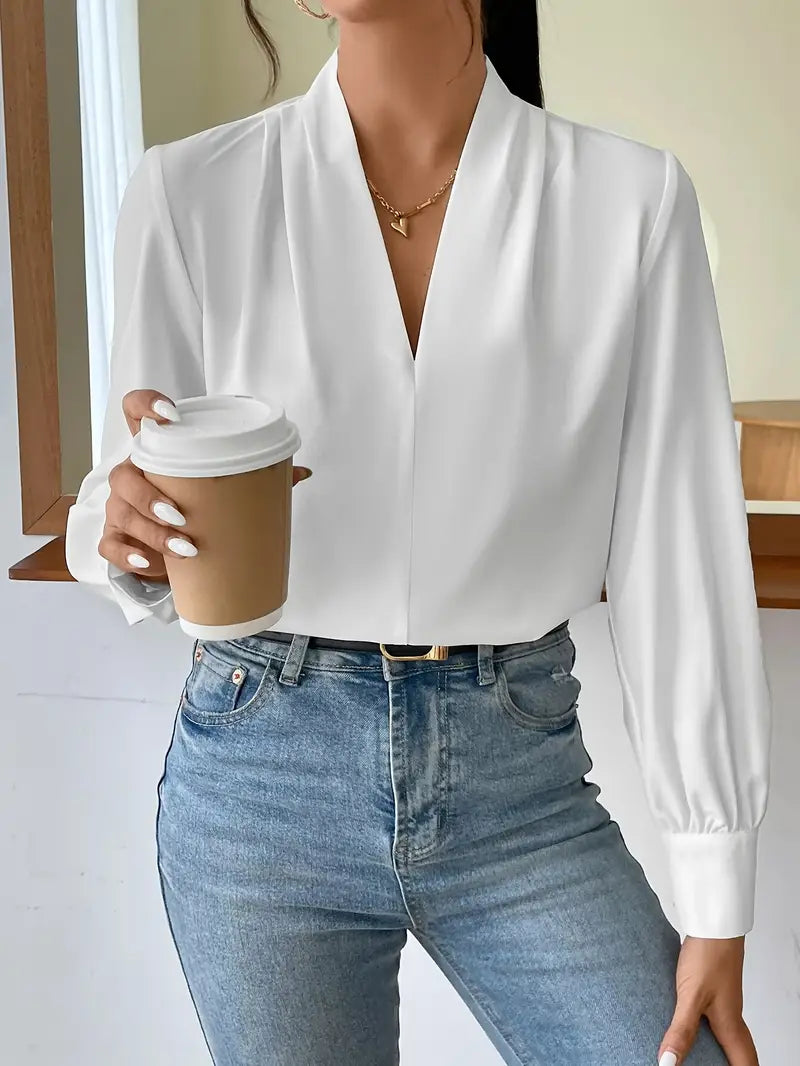 Solid Color V-Neck Long Sleeve Viscose Blouse for Spring and Autumn
