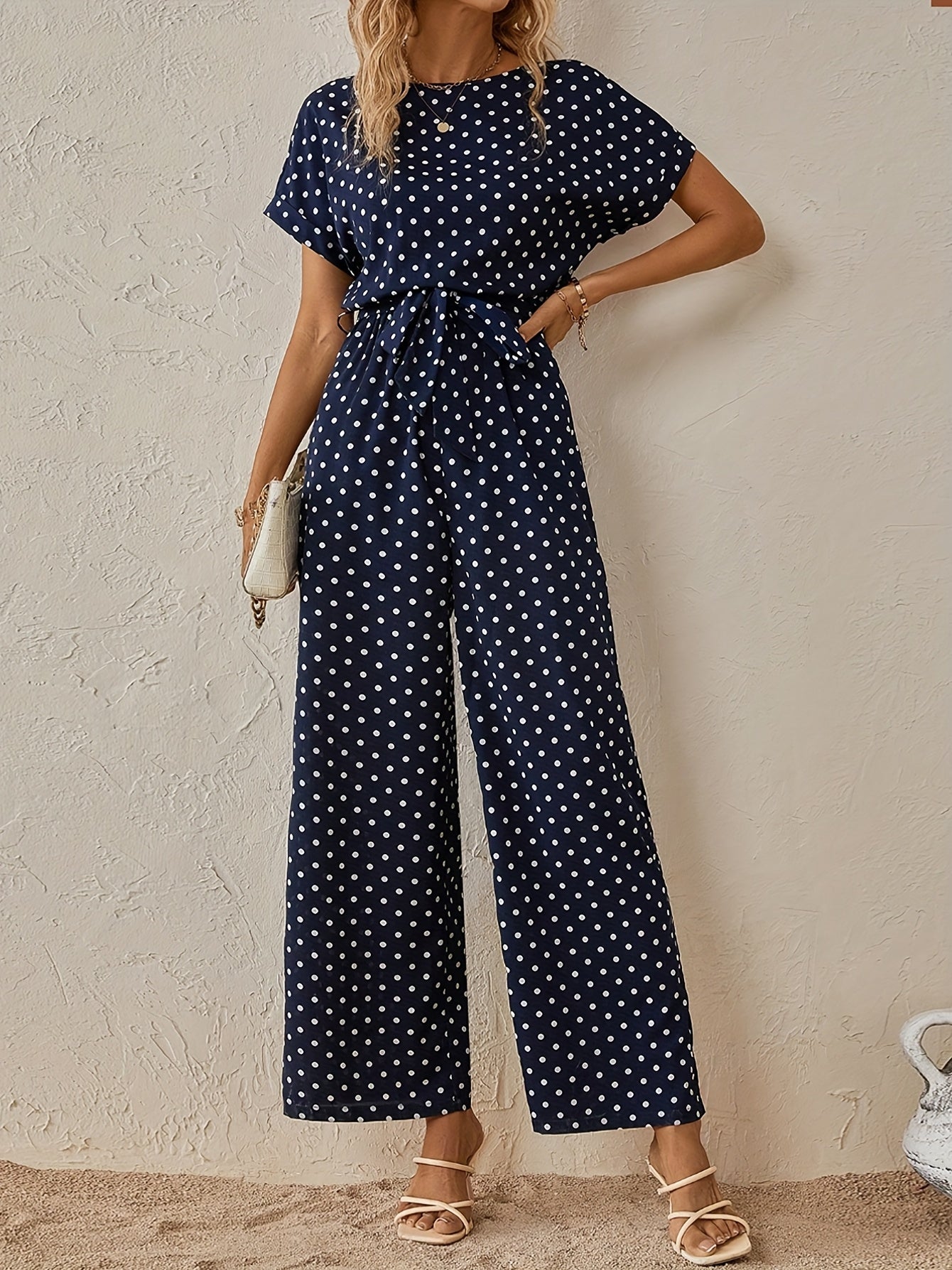 Polka Dot Batwing Jumpsuit with Waist Tie