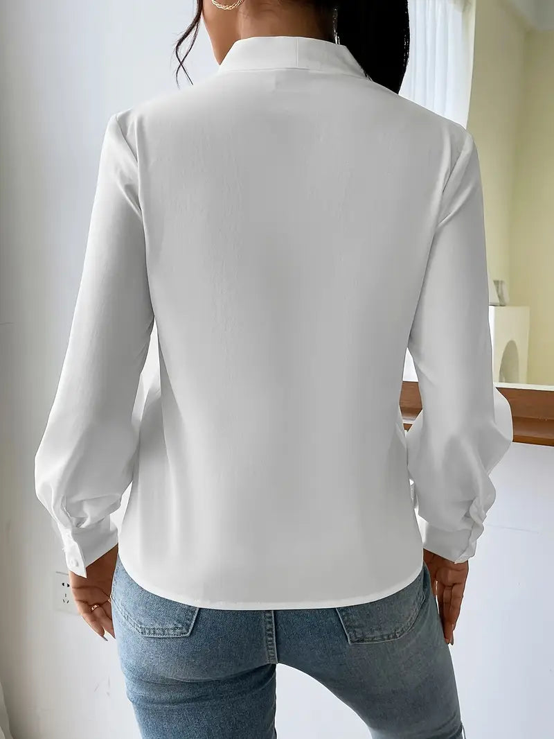 Solid Color V-Neck Long Sleeve Viscose Blouse for Spring and Autumn