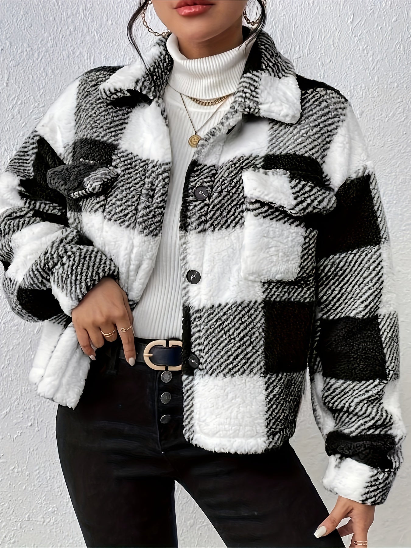 Plaid Button-Up Teddy Coat with Flap Pockets