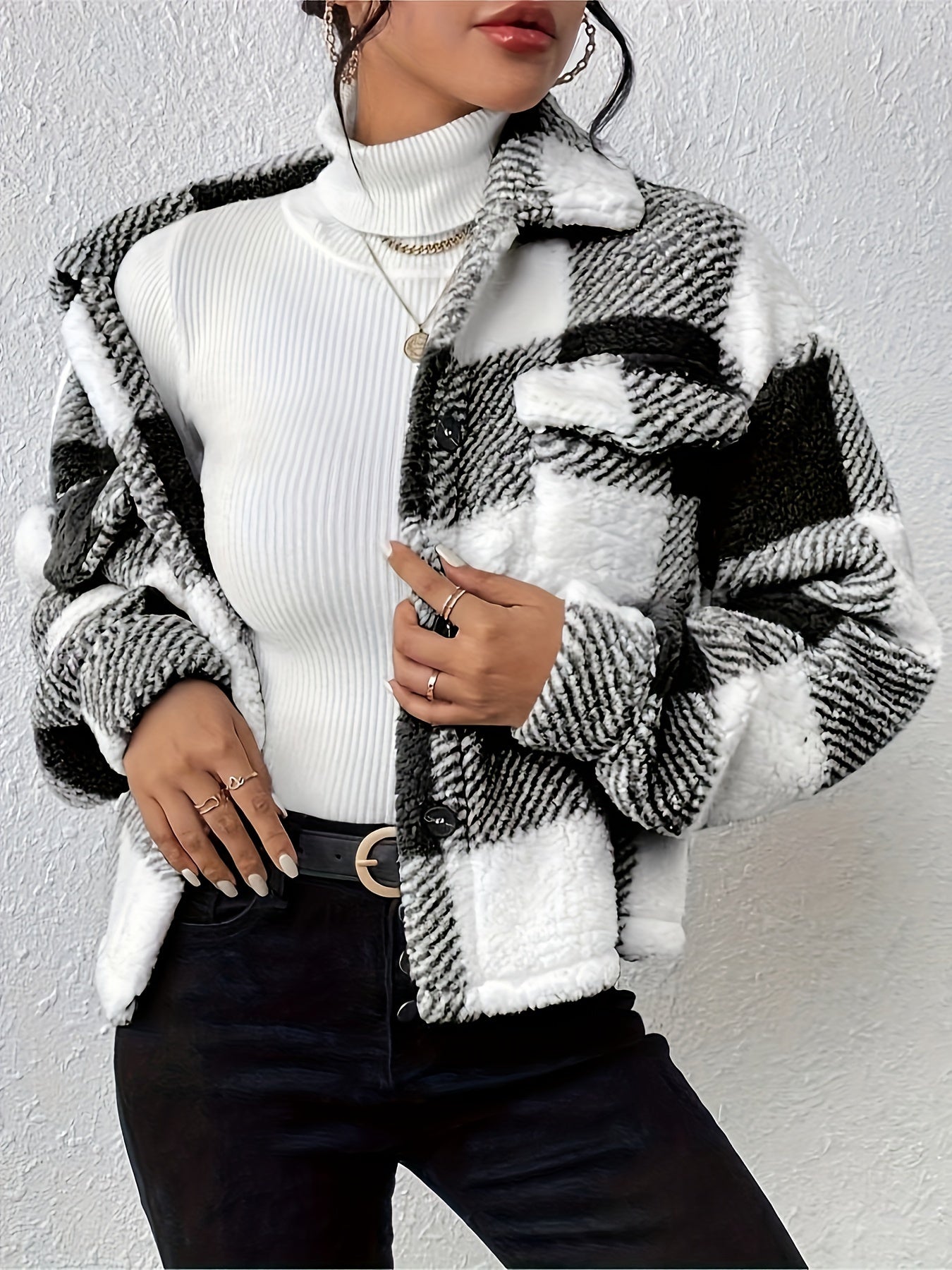 Plaid Button-Up Teddy Coat with Flap Pockets