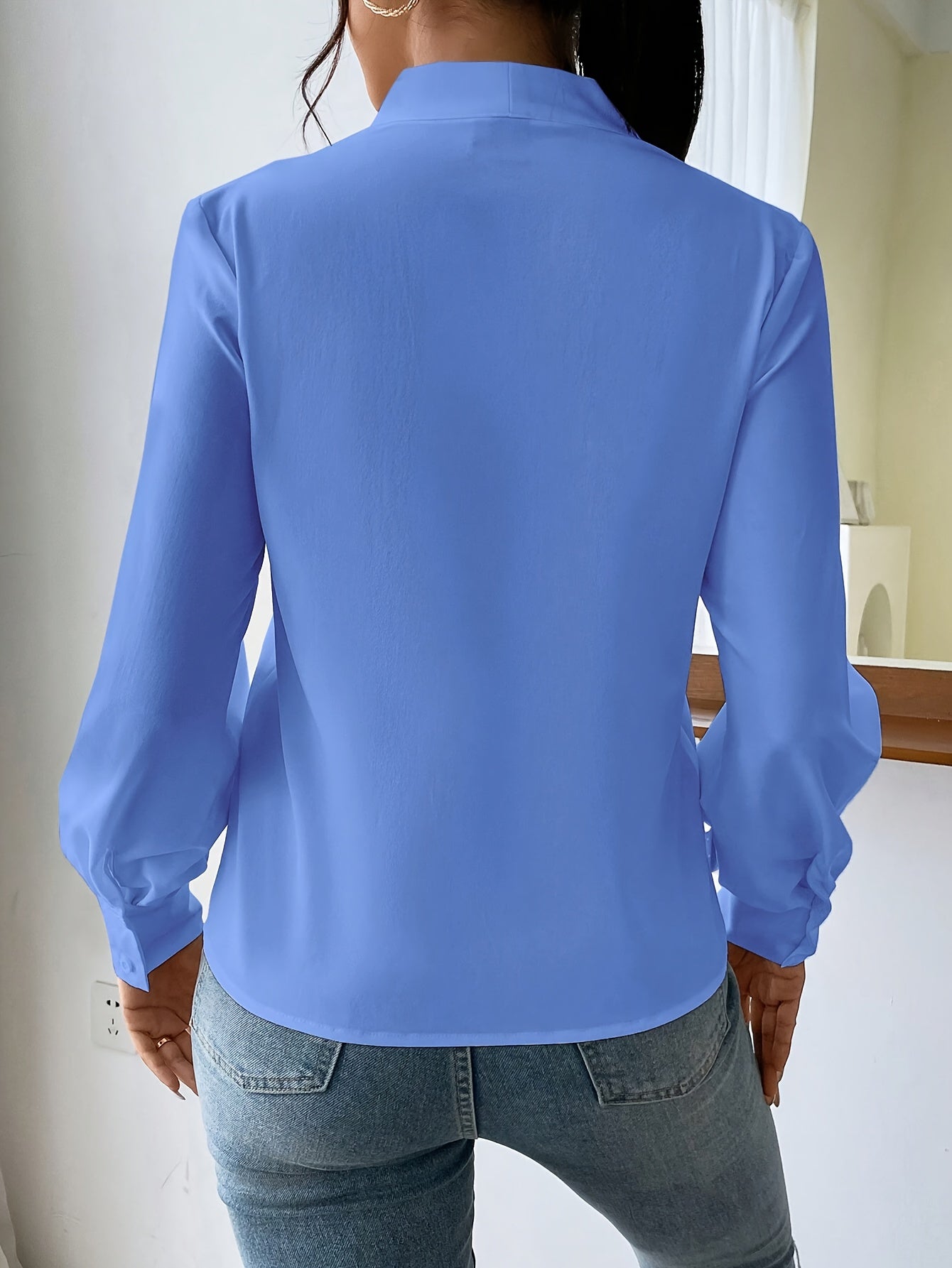 Solid Color V-Neck Long Sleeve Viscose Blouse for Spring and Autumn