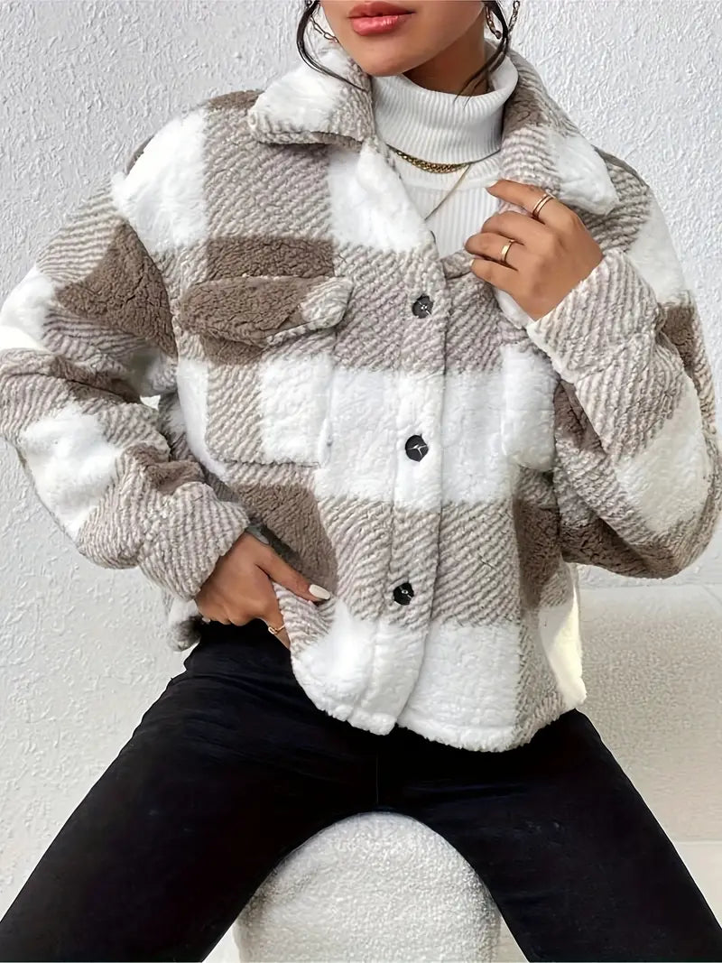 Plaid Button-Up Teddy Coat with Flap Pockets