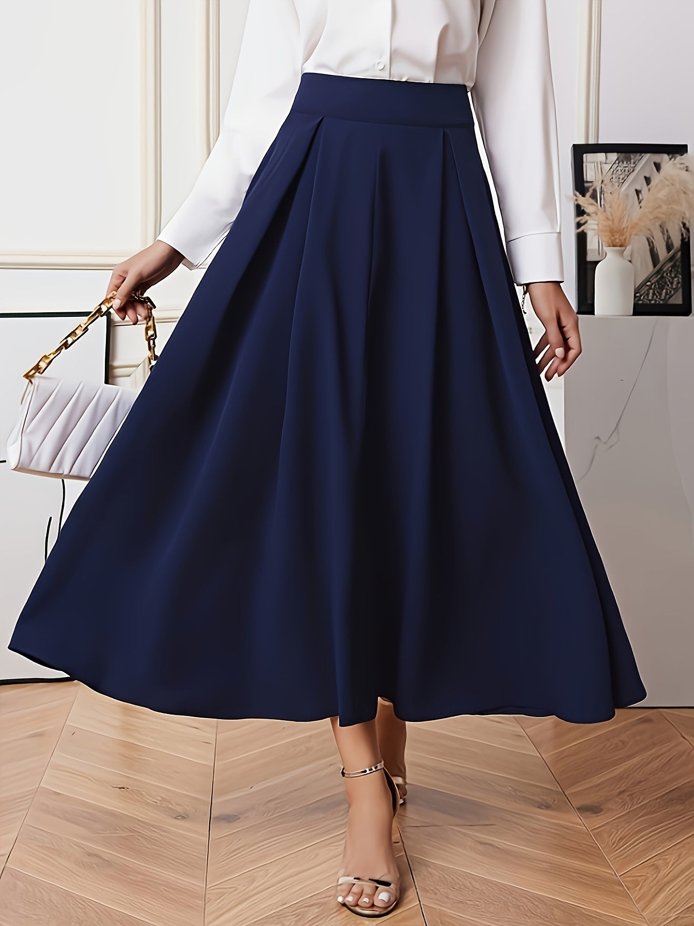 Women's Navy Blue High-Waisted A-Line Skirt