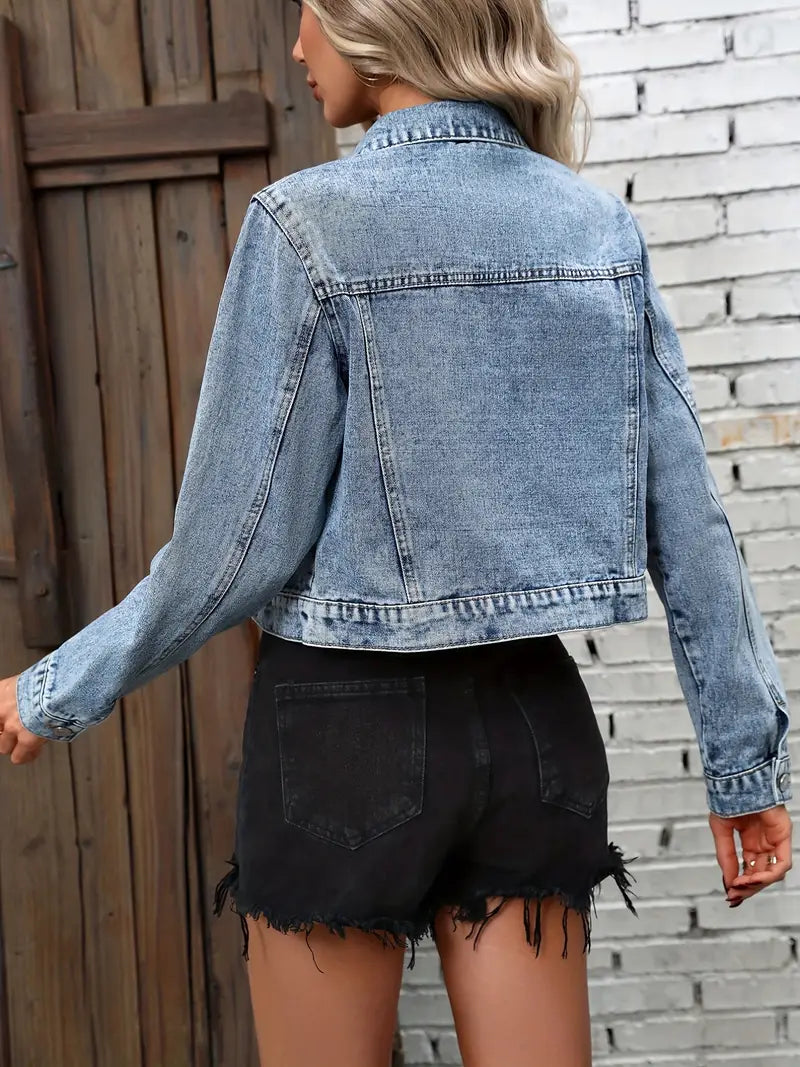 Women's Blue Cropped Denim Jacket with Long Sleeves