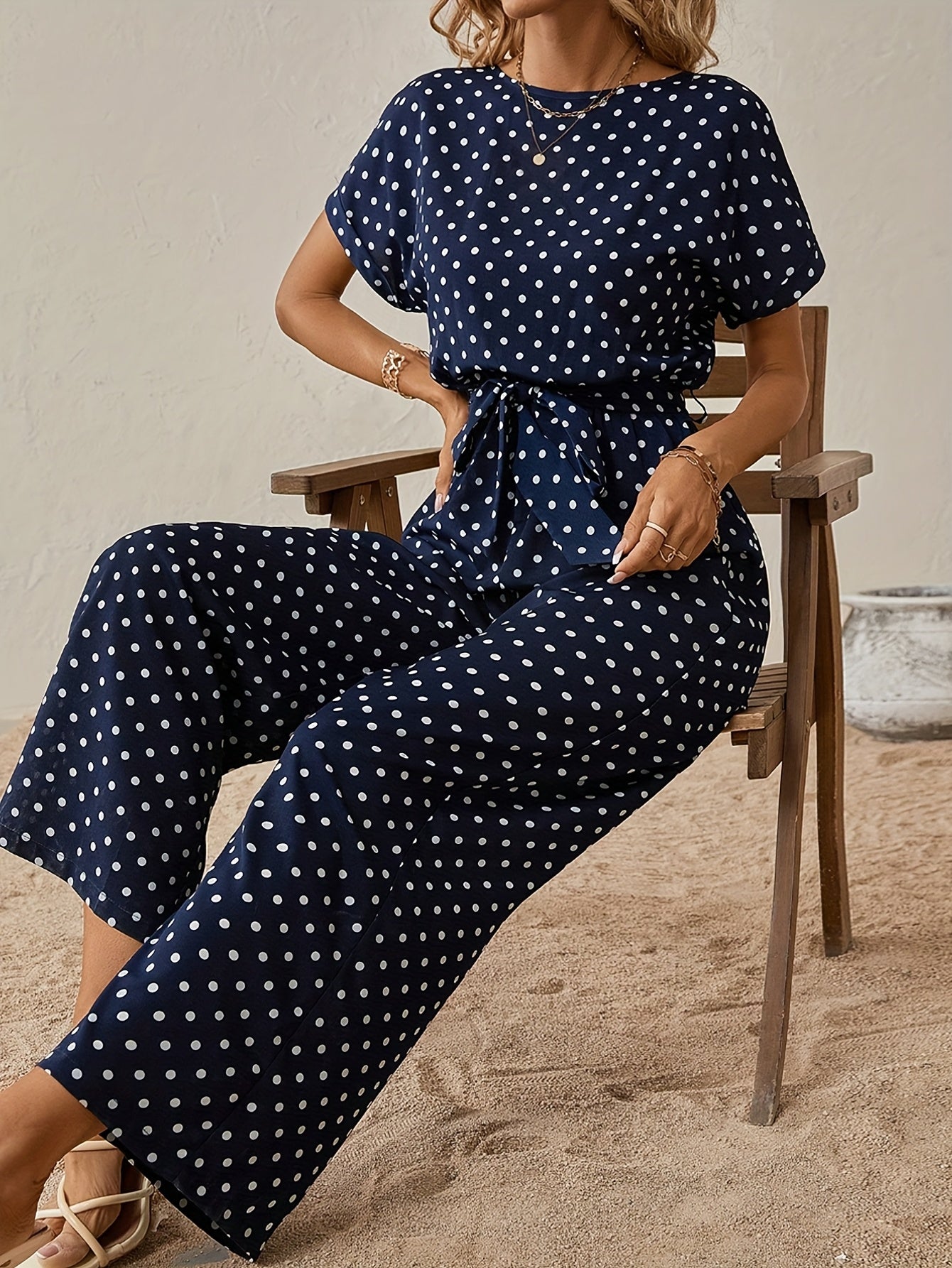 Polka Dot Batwing Jumpsuit with Waist Tie