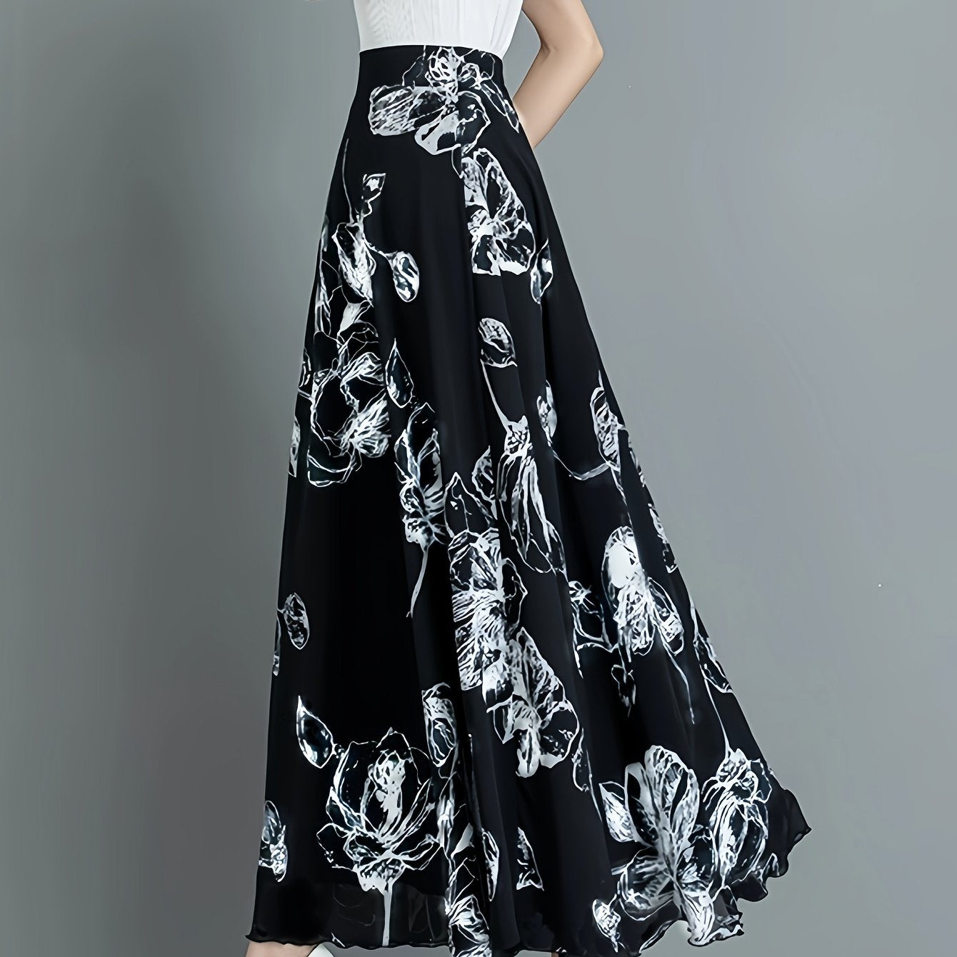 Elegant Black Floral Print Midi Skirt for Women