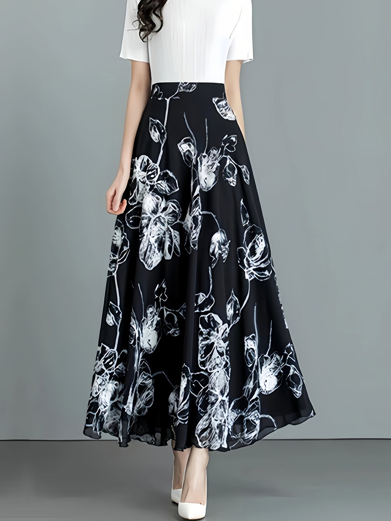 Elegant Black Floral Print Midi Skirt for Women