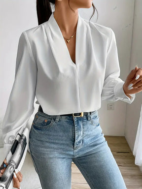 Solid Color V-Neck Long Sleeve Viscose Blouse for Spring and Autumn