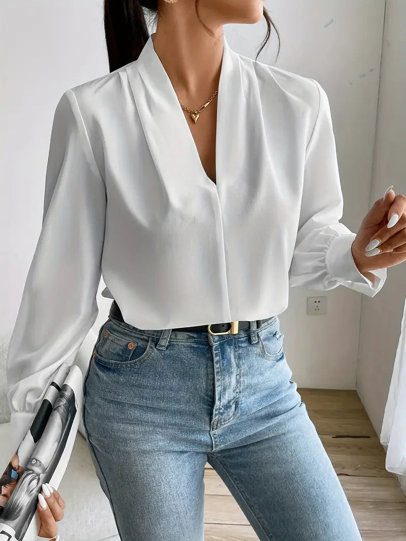 Solid Color V-Neck Long Sleeve Viscose Blouse for Spring and Autumn