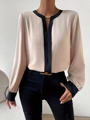 Chic Women's Polyester Blouse with Collar and Black Sleeve Finish