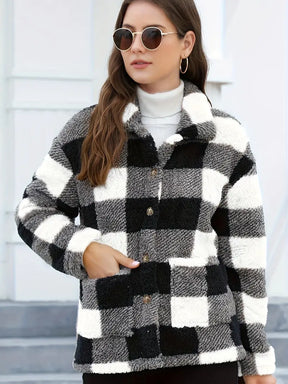 Teddy Coat with Checkered Print and Applied Pockets