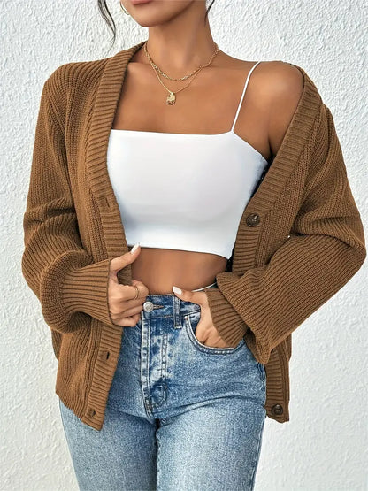 Chic Women's Solid Color Front Button Knit Cardigan Sweater Jacket for Spring and Autumn
