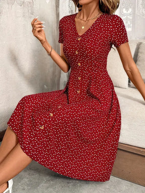Stylish V-Neck Button-Up Waist-Cinching Dress for Women