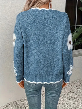 Women's Pink Floral V-Neck Sweater with White Daisy and Brown Center