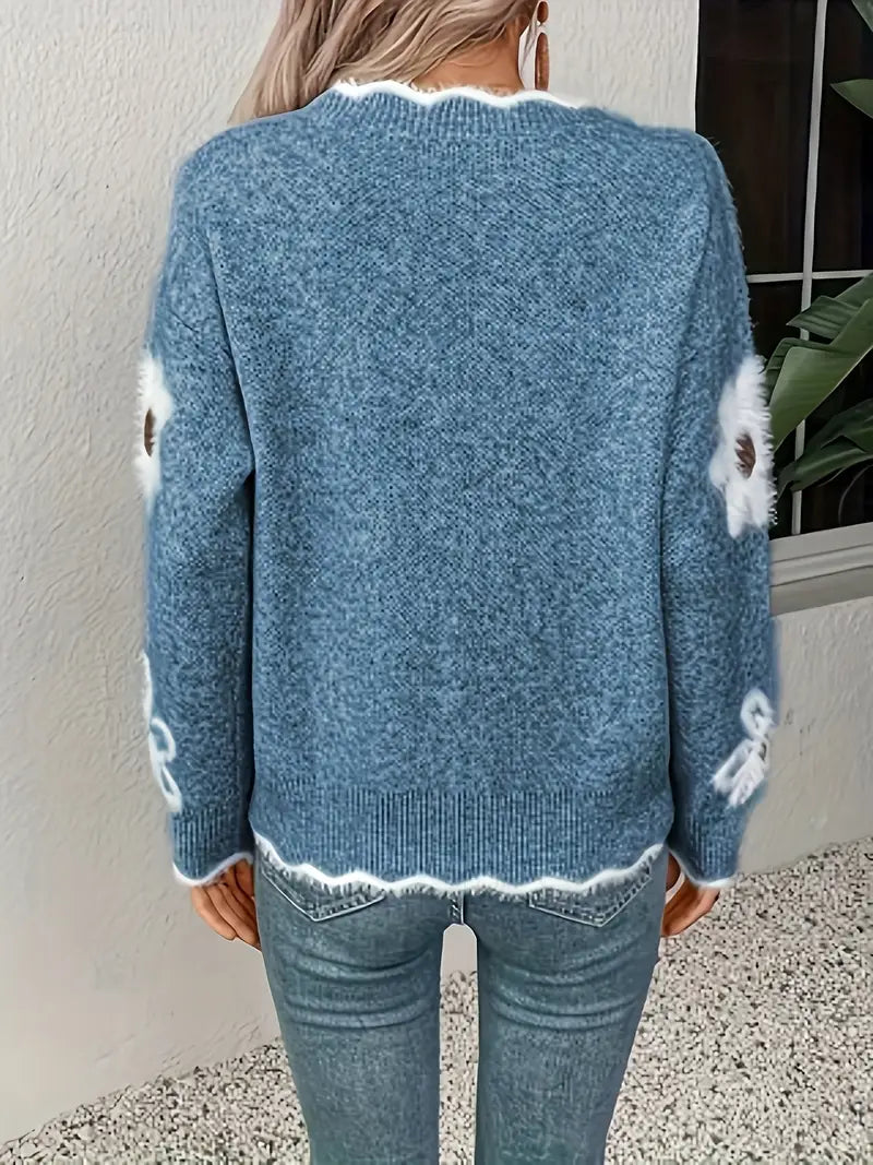 Women's Pink Floral V-Neck Sweater with White Daisy and Brown Center