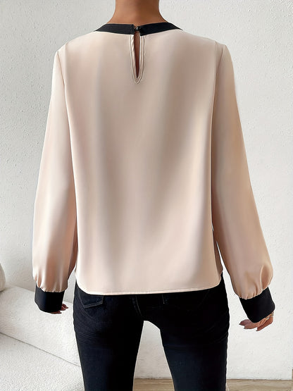 Chic Women's Polyester Blouse with Collar and Black Sleeve Finish