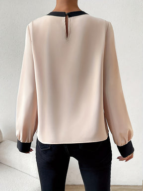 Chic Women's Polyester Blouse with Collar and Black Sleeve Finish