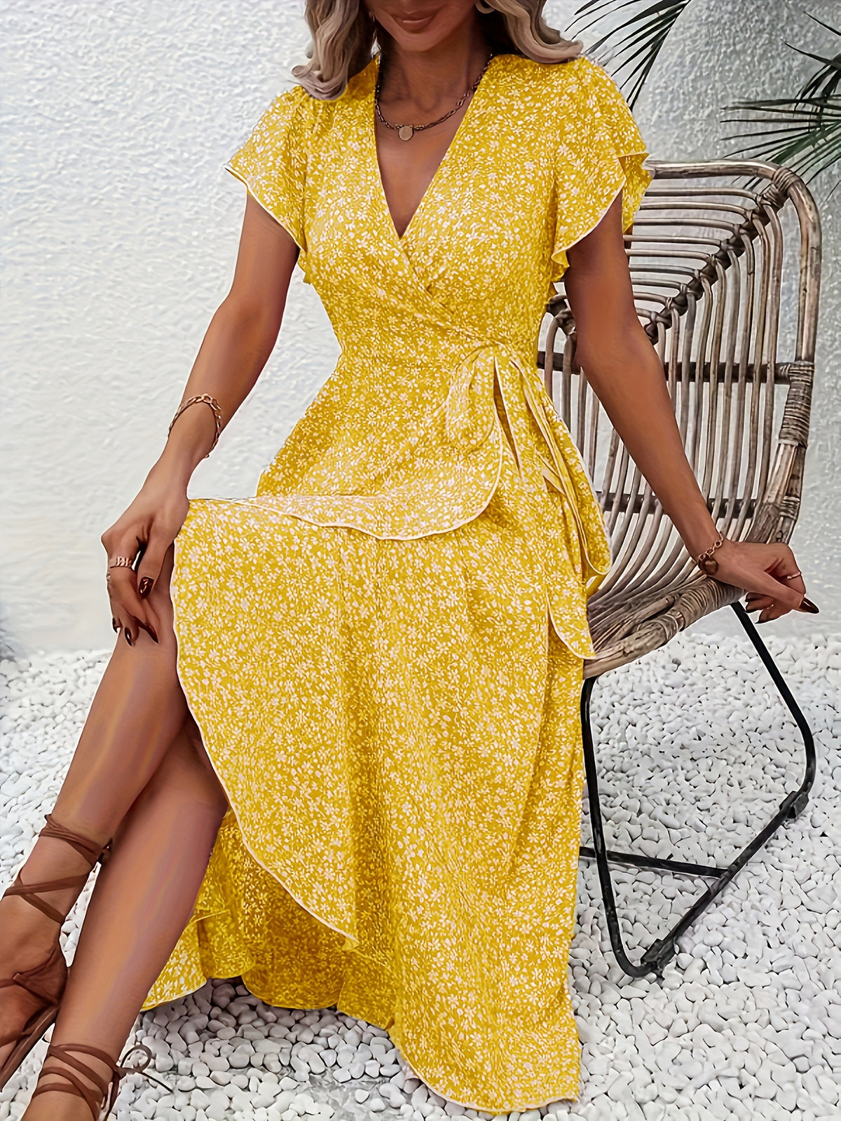 Chic Red Floral V-Neck Midi Dress for Women
