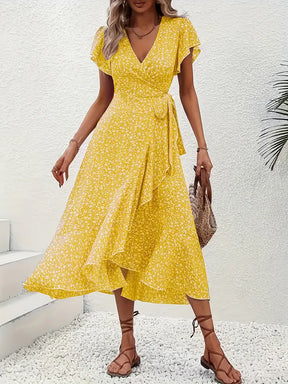 Chic Red Floral V-Neck Midi Dress for Women