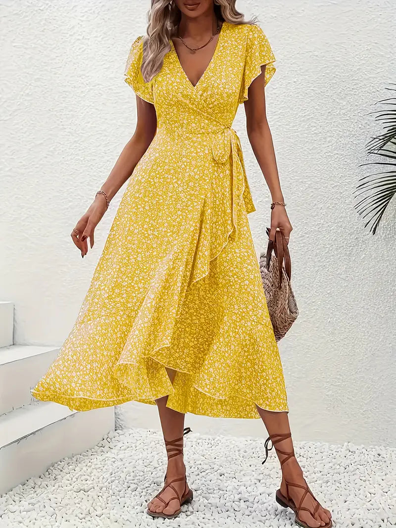 Chic Red Floral V-Neck Midi Dress for Women