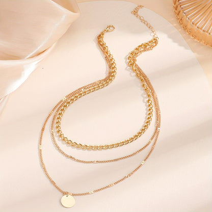 Stylish Boho-Chic Triple Layer Chain Necklace with Round Pendant