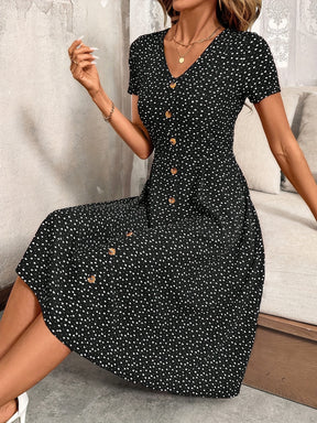 Stylish V-Neck Button-Up Waist-Cinching Dress for Women