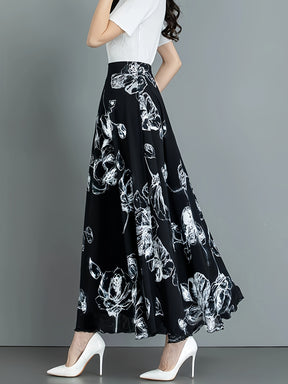 Elegant Black Floral Print Midi Skirt for Women