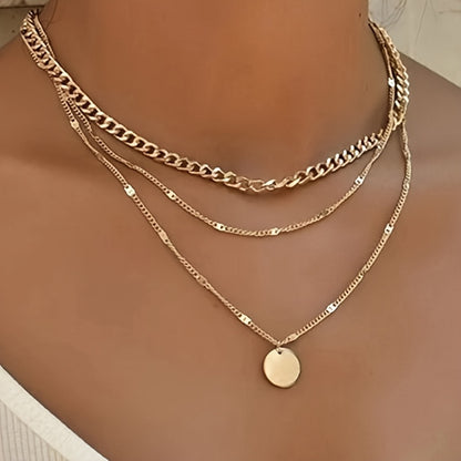 Stylish Boho-Chic Triple Layer Chain Necklace with Round Pendant