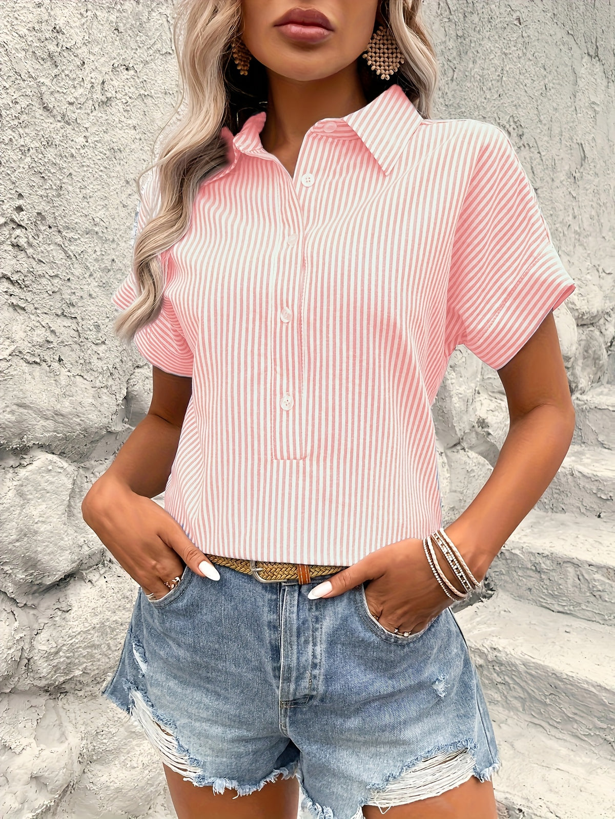 Women's Pink and White Striped Shirt