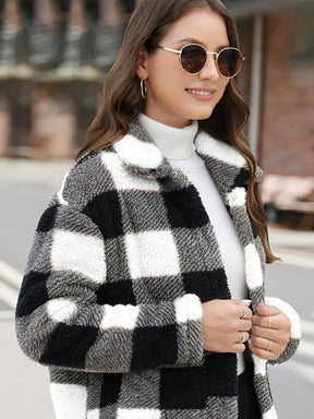 Teddy Coat with Checkered Print and Applied Pockets