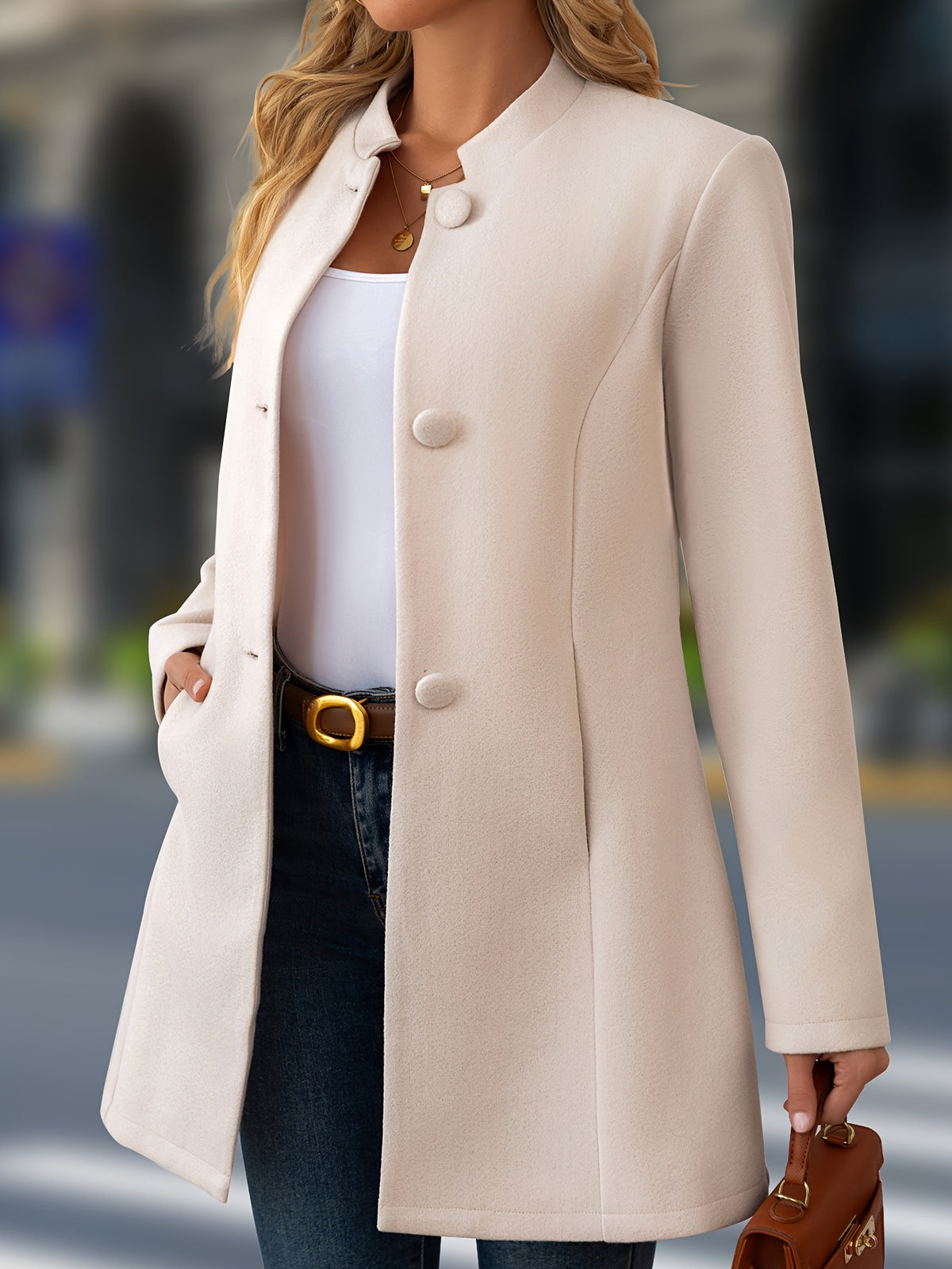 Women's Casual Mid-Length Polyester Jacket with Stand Collar and Button Details