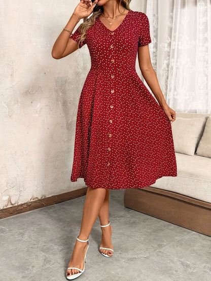 Stylish V-Neck Button-Up Waist-Cinching Dress for Women