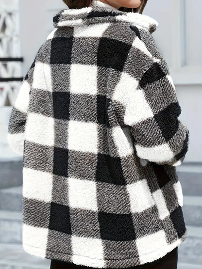Teddy Coat with Checkered Print and Applied Pockets
