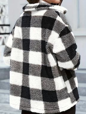 Teddy Coat with Checkered Print and Applied Pockets