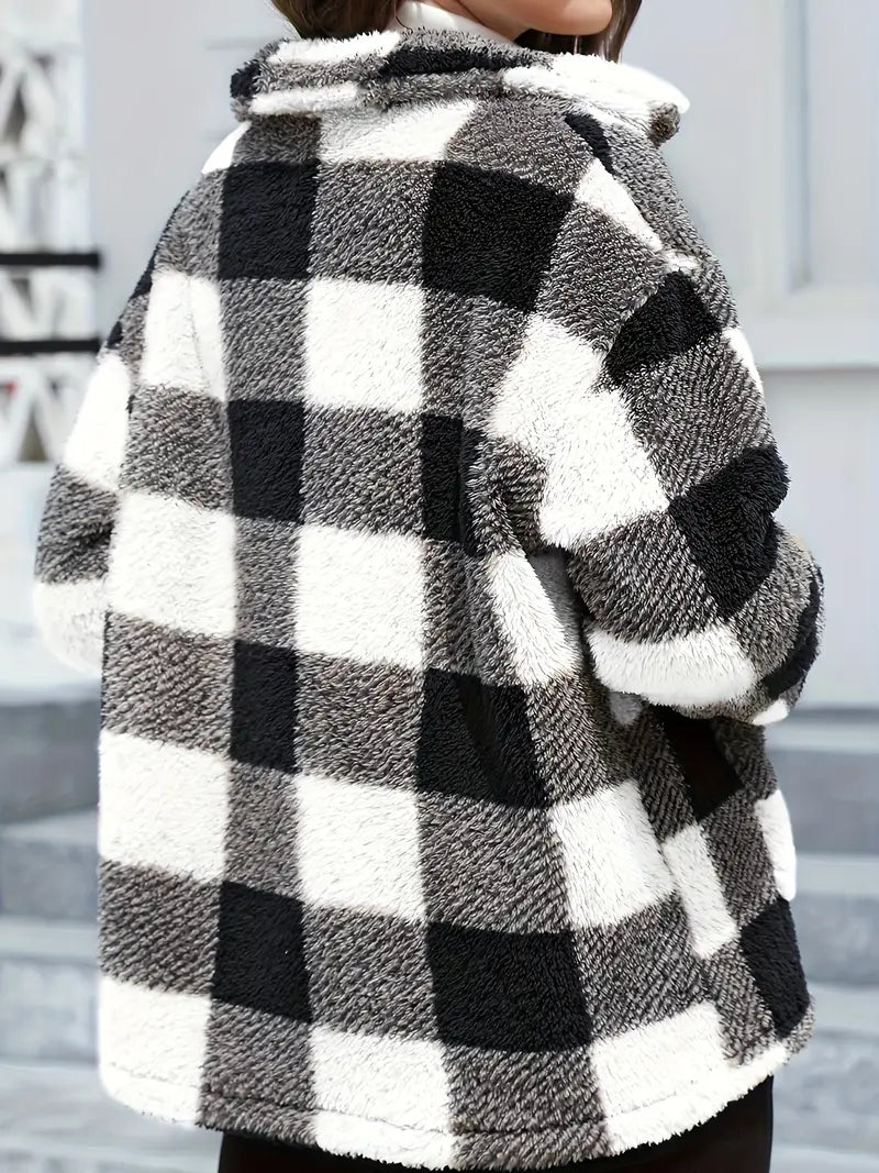 Teddy Coat with Checkered Print and Applied Pockets