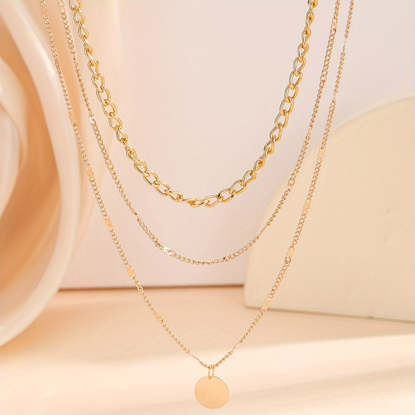 Stylish Boho-Chic Triple Layer Chain Necklace with Round Pendant