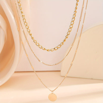 Stylish Boho-Chic Triple Layer Chain Necklace with Round Pendant