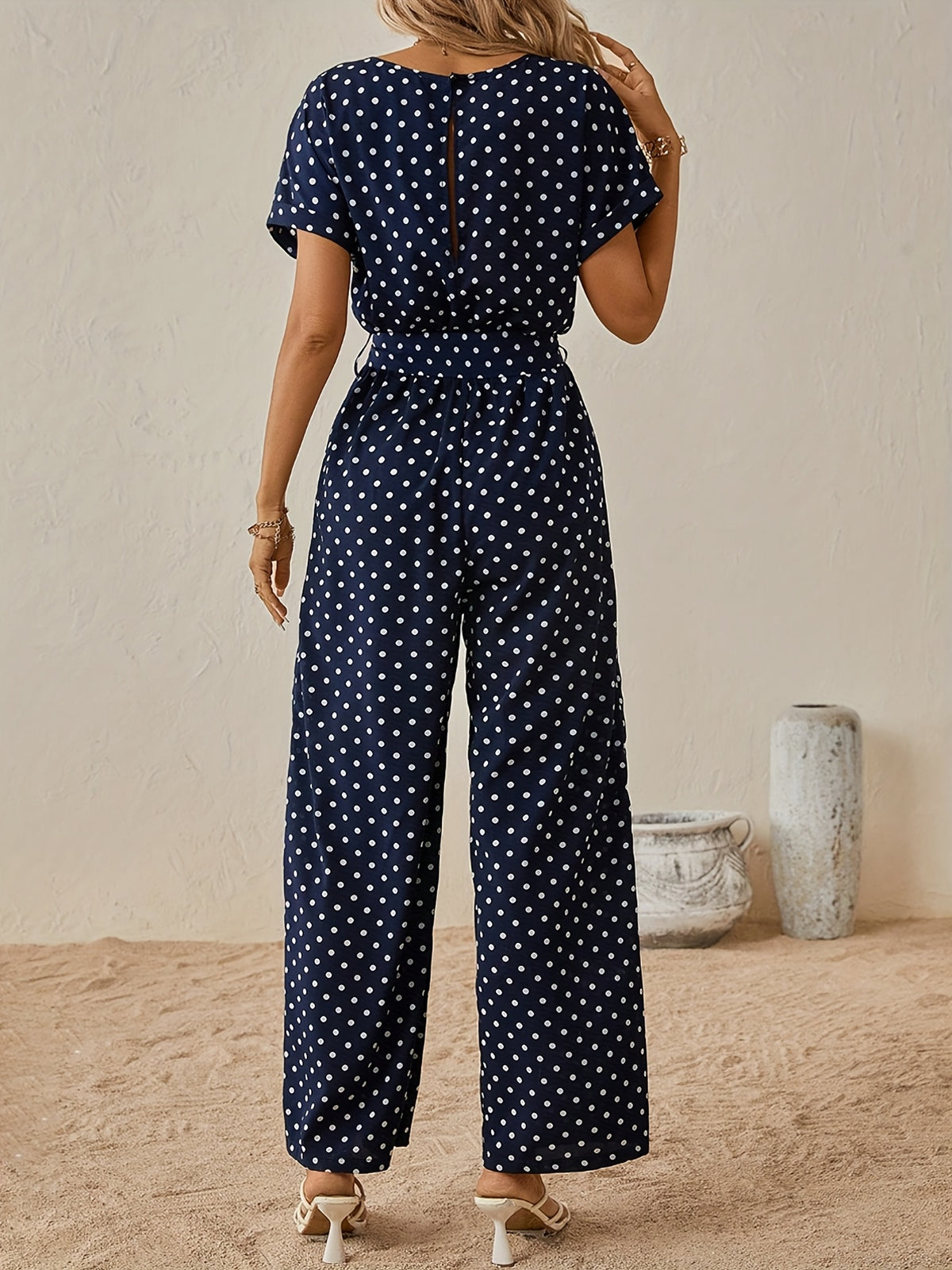 Polka Dot Batwing Jumpsuit with Waist Tie