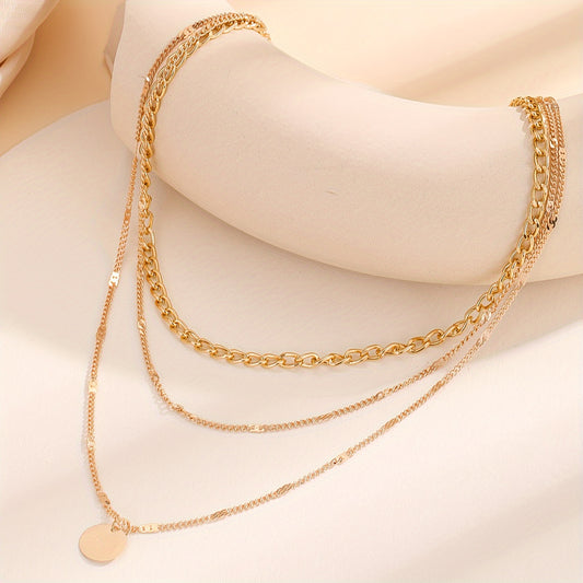 Stylish Boho-Chic Triple Layer Chain Necklace with Round Pendant