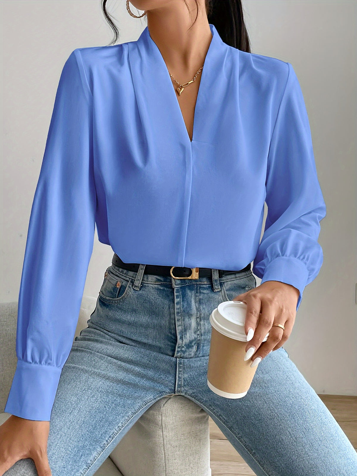 Solid Color V-Neck Long Sleeve Viscose Blouse for Spring and Autumn